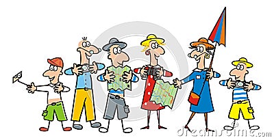 Group of tourist, guide Vector Illustration