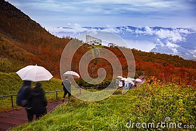 group of tourist walking in path way of showa-shinzan and usu ropeway one of most popular traveling destination hokkaido japan Stock Photo