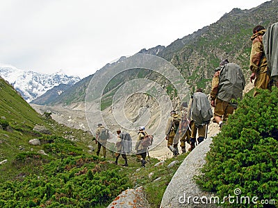 Group of tourists at Bezenghi os Caucasus mountains near Elbrus Editorial Stock Photo