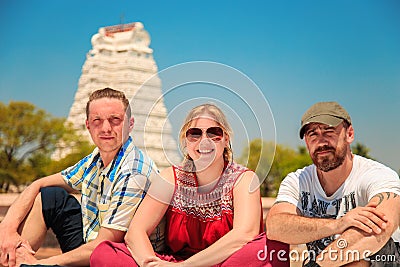 Group of tourists in the Great Temple in Trichy. Stock Photo