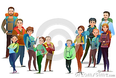 group of tourists, men, women and children in gear and backpacks. Place for text. Object isolated on white background Vector Illustration