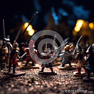 A group of toy figurines of knights and knights. Generative AI image. Stock Photo