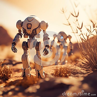 A group of toy robots walking across a desert. Generative AI image. Stock Photo
