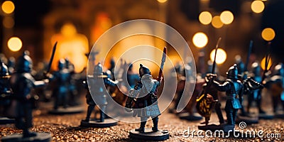 A group of toy soldiers standing on top of a table. Generative AI image. Stock Photo