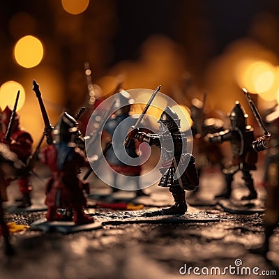 A group of toy soldiers standing on top of a table. Generative AI image. Stock Photo