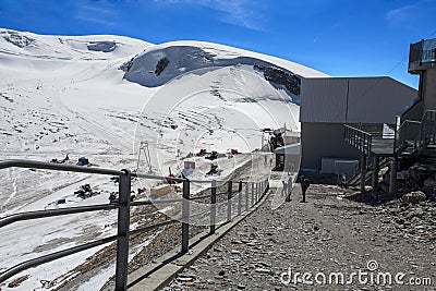 Group of trekkers standing in front of the Plateau Rosa in Val D`Aosta, Italy. Editorial Stock Photo