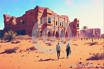 Group trekking across arid landscape towards enigmatic edifice. Illustration painting Stock Photo