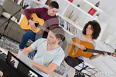 Group trendy friends having fun in home living room Stock Photo