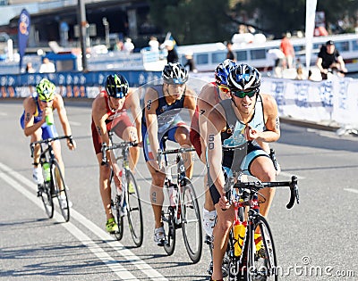 Group of triathletes cycling Editorial Stock Photo