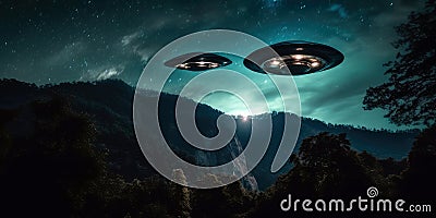 A group of UFOs hovering above a dark forest with mountains in the background Cartoon Illustration