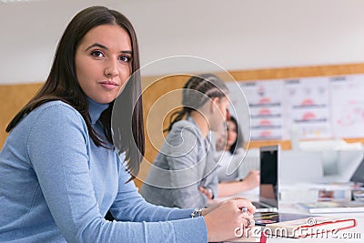 Group of university architecture students working on practice lessons. Looking for solution during class. Beautiful positiv Stock Photo