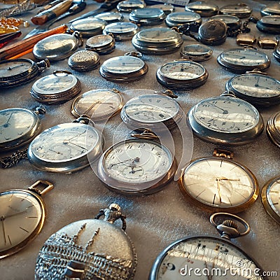 Group of used old pocket watches on the showcase at sunday flea market Editorial Stock Photo