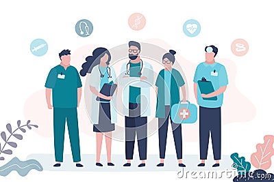 Group of various doctors. Teamwork, medical services concept. Female and male medical specialists, human characters in uniform Vector Illustration