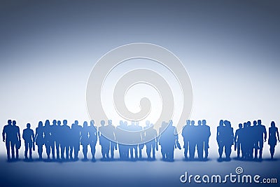 Group of various people looking towards light, future. Stock Photo