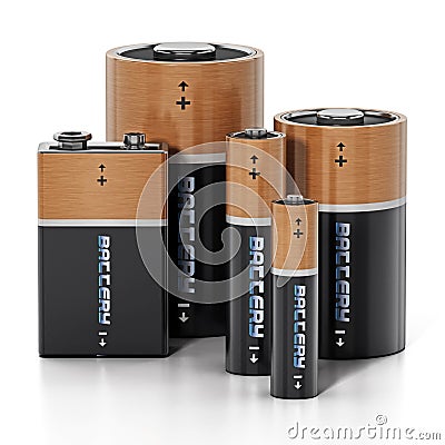 Group of various sized batteries isolated on white background. 3D illustration Cartoon Illustration