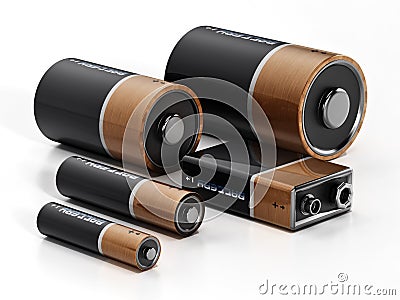 Group of various sized batteries isolated on white background. 3D illustration Cartoon Illustration
