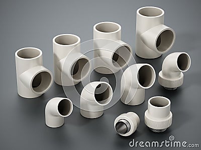 Group of various sized PVC connection parts isolated on gray background. 3D illustration Cartoon Illustration