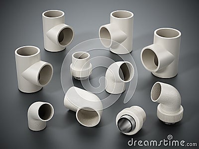 Group of various sized PVC connection parts isolated on gray background. 3D illustration Cartoon Illustration