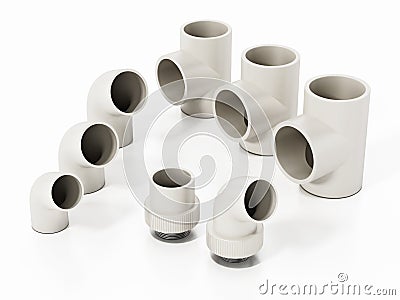 Group of various sized PVC connection parts isolated on white background. 3D illustration Cartoon Illustration