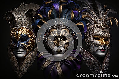 A group of venetian, mardi gras mask or disguise on a dark background. Generative Ai Stock Photo