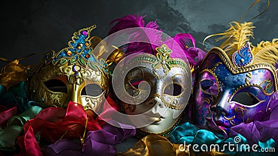 A group of venetian, mardi gras mask or disguise on a dark background. Generative AI Stock Photo