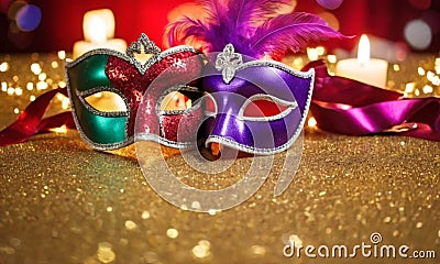 A group of Venetian or Mardi Gras masks on a dark, glittery surface with a bokeh light effect in the background. Stock Photo