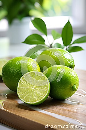group of vibrant, juicy limes artfully arranged on a sleek cutting board, radiating freshness and culinary potential Stock Photo