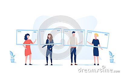 Group video call, virtual window frames, young characters having an online meeting Vector Illustration