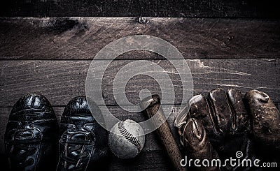 Vintage baseball gear on a wooden background Stock Photo