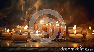 A group of vintage candles flicker softly against a dark and romantic backdrop Stock Photo