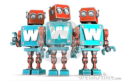 Group of vintage robots with WWW sign. Technology concept. Isolated. Contains clipping path Stock Photo