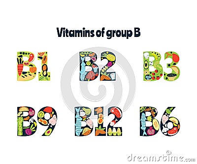 Group of vitamins B. Main food sources, food Vector Illustration