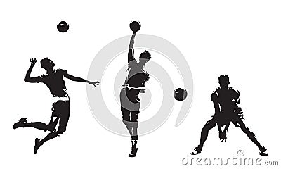 Group of volleyball players, set of isolated vector silhouettes. Team sport, active people. Beach volleyball Vector Illustration