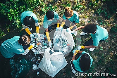 Group of volunteers childrens collected trash in city park, generative AI Stock Photo