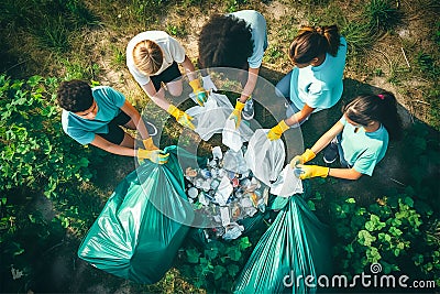 Group of volunteers childrens collected trash in city park, generative AI Stock Photo