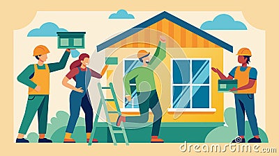 A group of volunteers installing energyefficient windows helping to reduce the familys utility costs.. Vector Cartoon Illustration