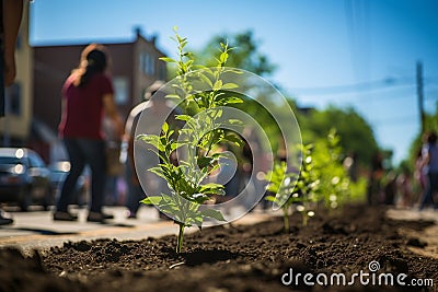 Group of volunteers plant tree seedlings. Urban neighborhood community celebrates Environment Day, Event Cleanup, Subbotnik Stock Photo
