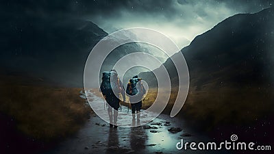 group of walking travellers in scandinavian mountains at rainy foggy day, neural network generated art Stock Photo