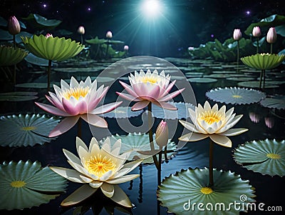 A Group Of Water Lilies Floating On Top Of A Lake. Generative AI Stock Photo
