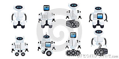 Group Of White Modern Robots Vector Illustration