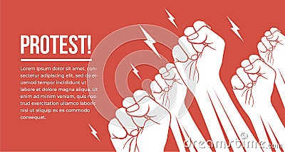 Group of white raised up fists arms of protesting peoples. Protest, demonstration, meeting concept vector illustration. Vector Illustration