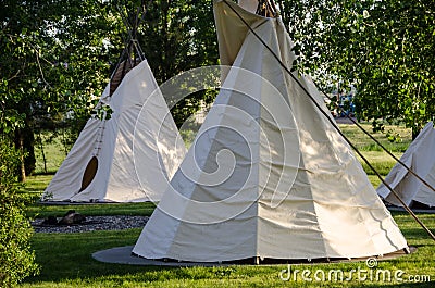 Group of Tipis Standing Among the Trees Stock Photo