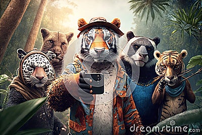 Group of wild animals in the jungle taking selfie with mobile phone Cartoon Illustration