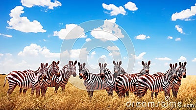 Group of wild zebras in the African savannah against the beautiful blue sky with white clouds. Wildlife of Africa. Tanzania. Stock Photo