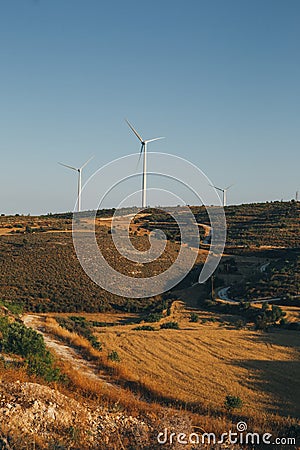 Group of windmills for renewable electric energy production Stock Photo