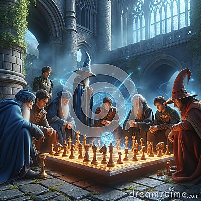 A group of wizards playing a game of magical chess in a castlec Stock Photo