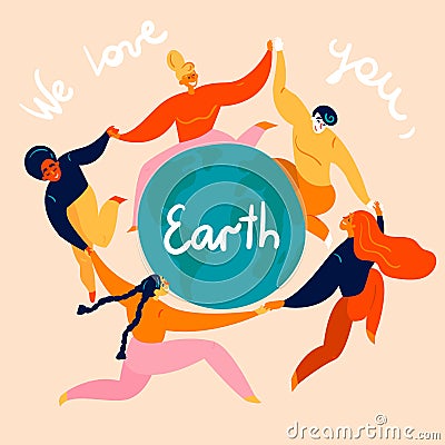 Group of women is dancing around the Earth globe Vector Illustration