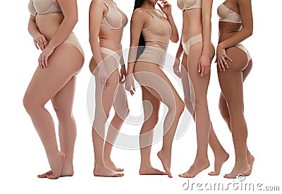 Group of women with different body types in underwear on background, closeup Stock Photo