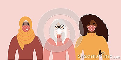 Group of women of diverse race weating face masks for pandemic protection from covid19 Vector Illustration