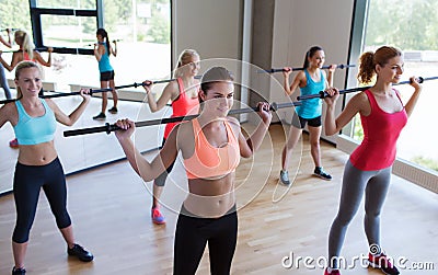 Group of women excercising with bars in gym Stock Photo